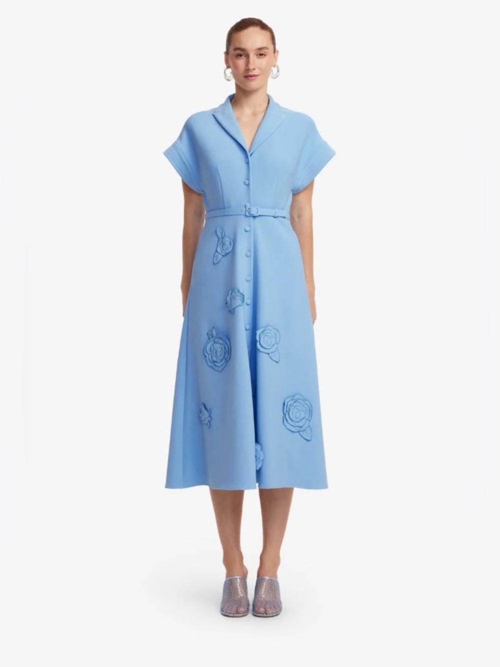 LEO LIN Aubrey Powder Blue Rose Embroidered Belted Button Front Midi Dress